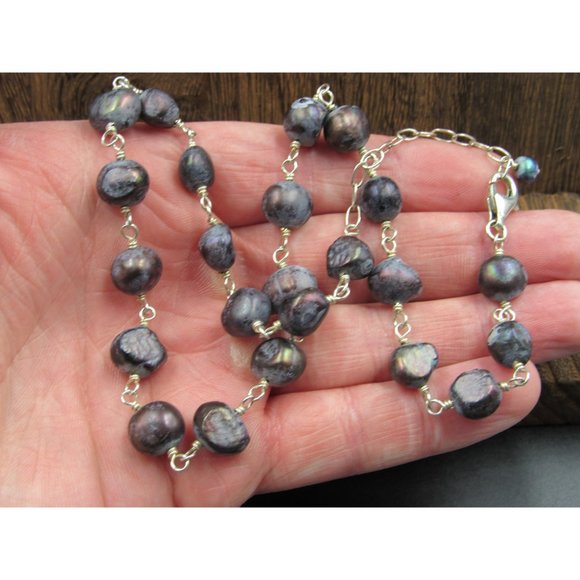 16" Sterling Silver Real Dark Purple Blue Pearls Necklace Vintage Minimalist - Picture 2 of 6